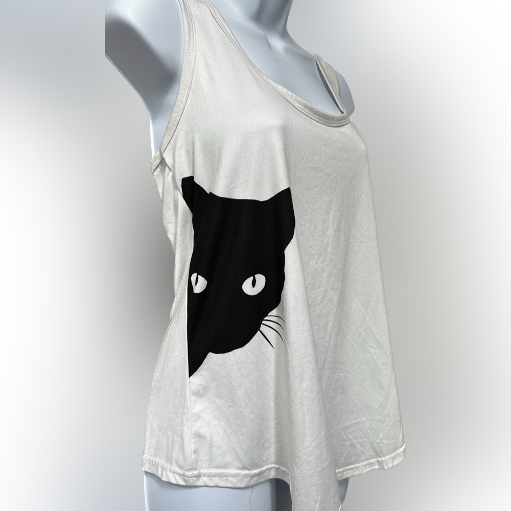 Women’s White Racerback Tank Top with Peeking Black Cat size small